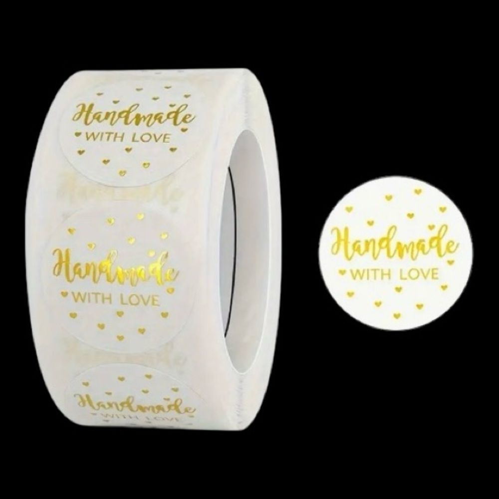 PRICE IS FIRM - Roll of 500 White Gold ‘Handmade With Love’ Stickers